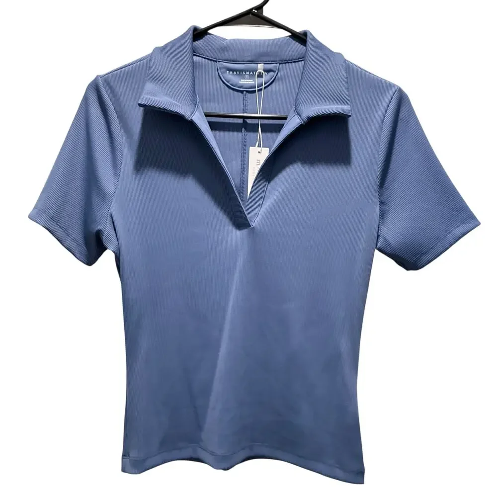 Travis Mathew Top Movement Short Sleeve V Neck Polo Shirt Blue Womens Small New - Picture 3 of 13